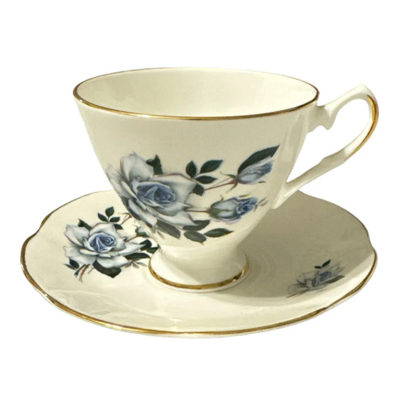 Royal Dover Tea Cup & Saucer Made In England Bone China Blue Roses Gold Trim VTG - Picture 1 of 4